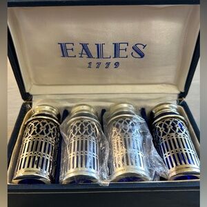 Set of 4 EALES 1779 cobalt blue/silver plate salt & pepper shakers. As pictured.